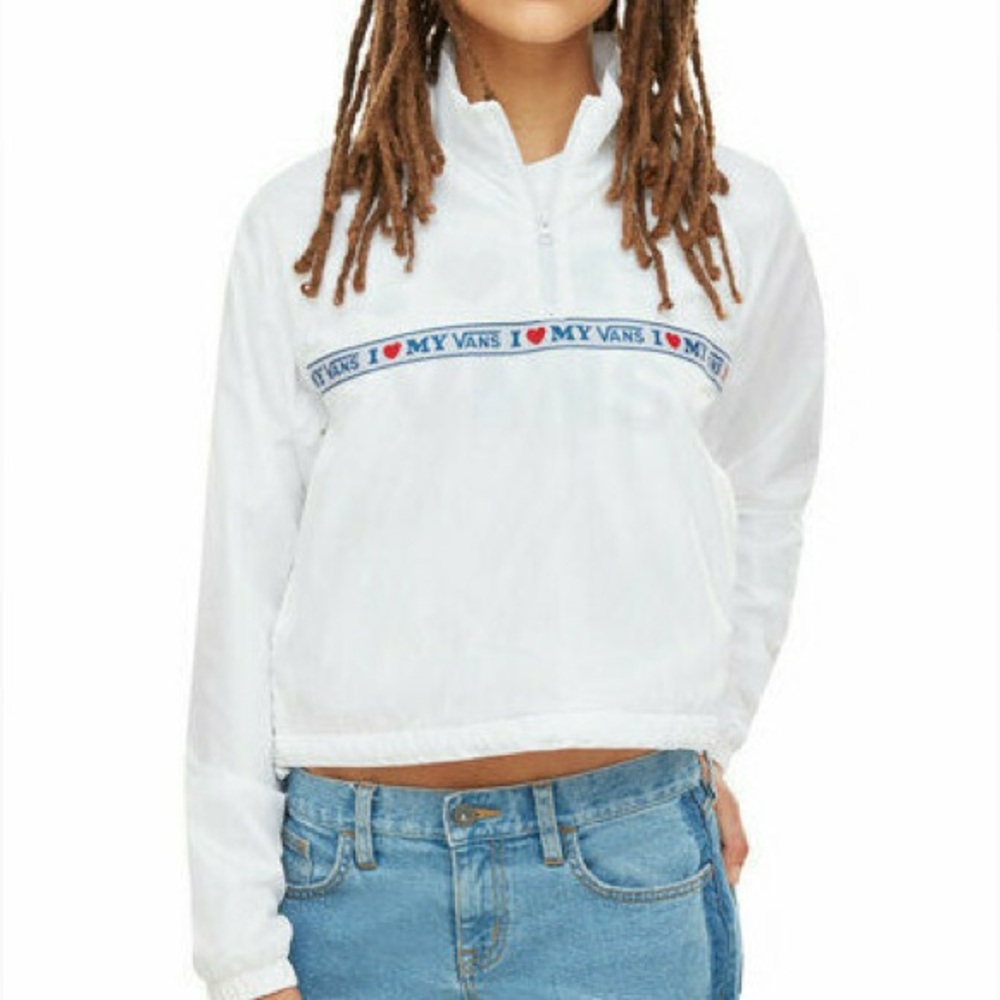 Vans White Cropped Half-Zip Pullover with Logo Tape